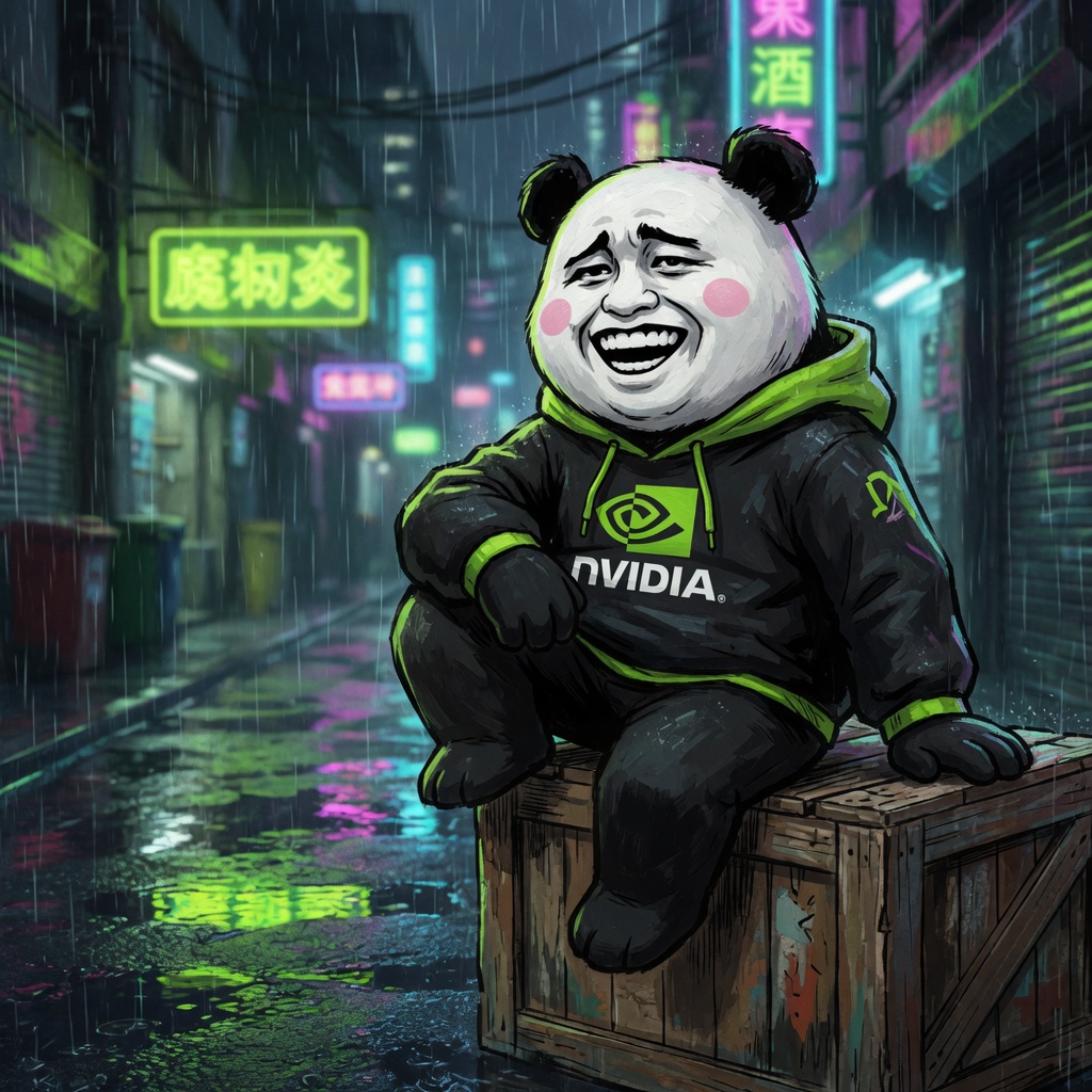 Biao sitting on a crate in a rainy neon alley
